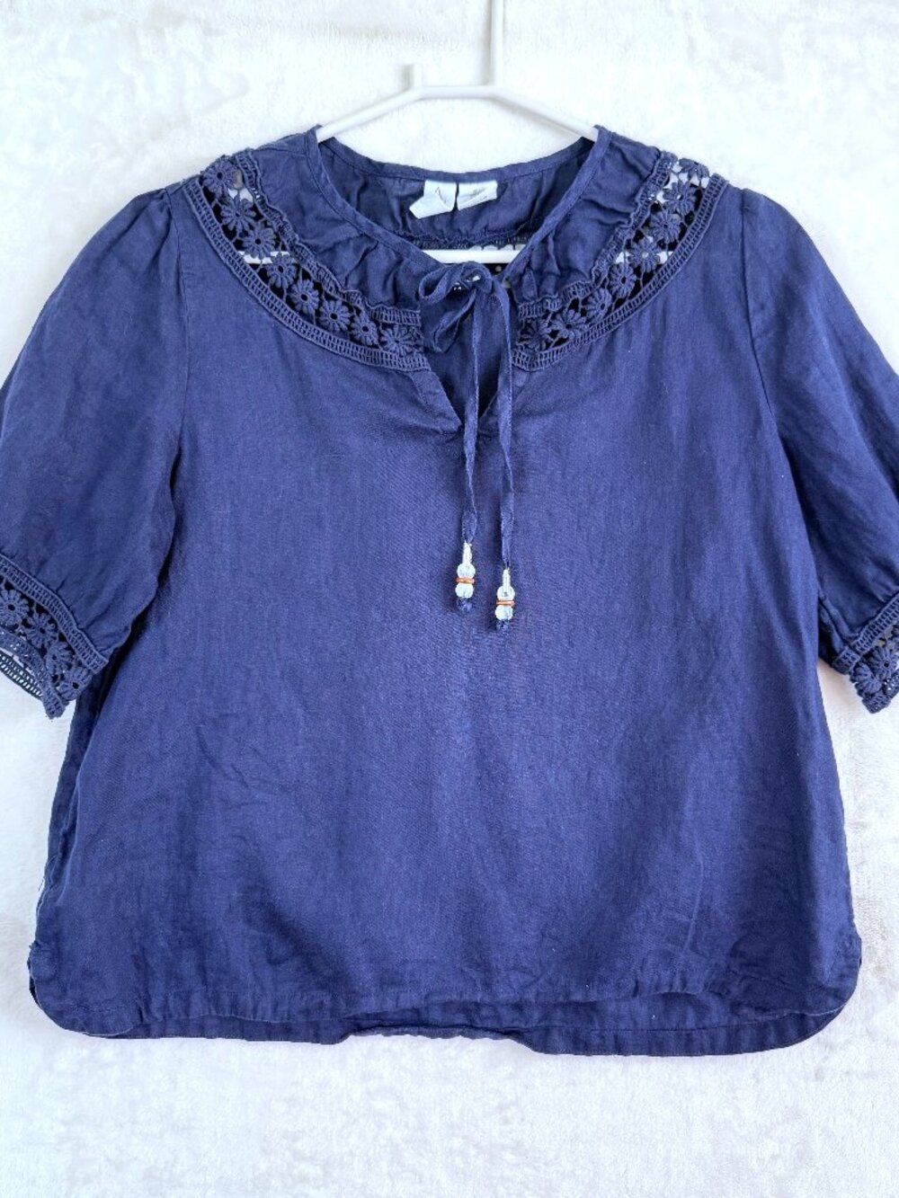 JOIE Linen Floral Embroidered Boho Coastal Office Peasant Beads Blouse Top L